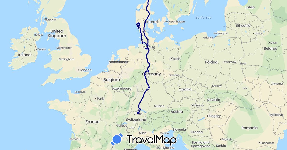 TravelMap itinerary: driving in Switzerland, Germany, Denmark (Europe)