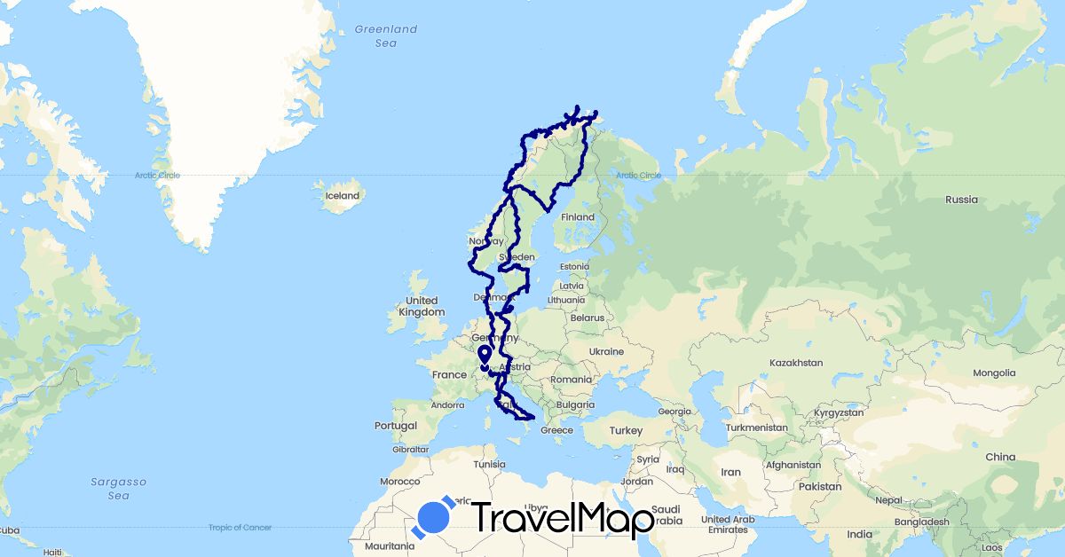TravelMap itinerary: driving in Austria, Switzerland, Germany, Denmark, Finland, Italy, Norway, Sweden, San Marino (Europe)